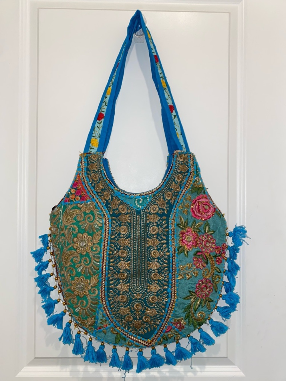 Embroidered Teal Floral Boho Shoulder Bag